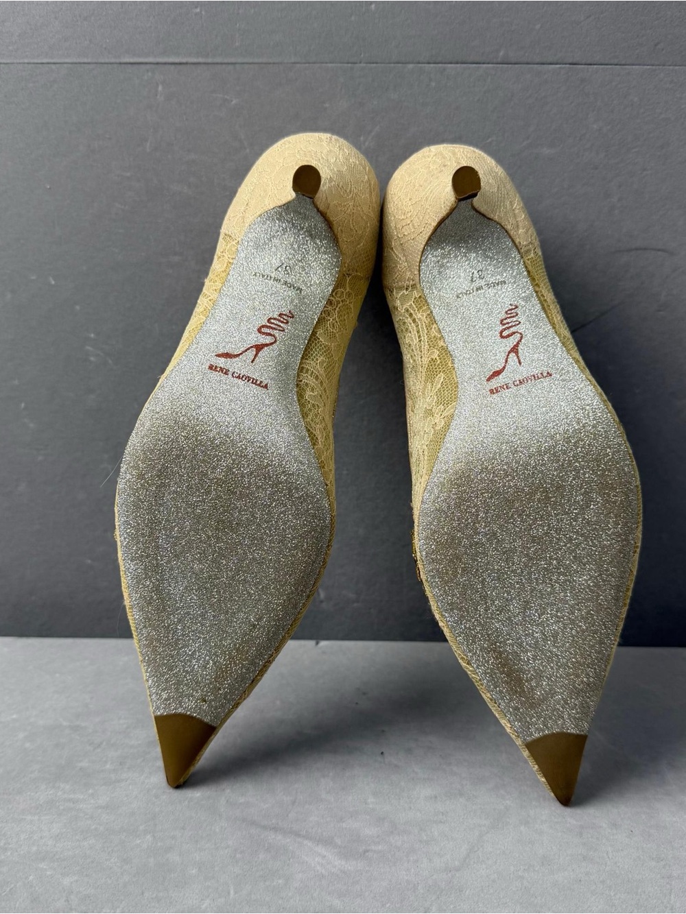 Rene Caovilla Gold Jeweled Pointed-Toe Lace Heels - Picture 5 of 5